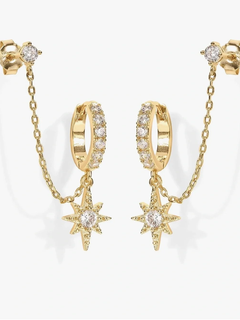 Anthropologie Gold Plated Starburst Chain Huggie Earrings with Clear Crystals